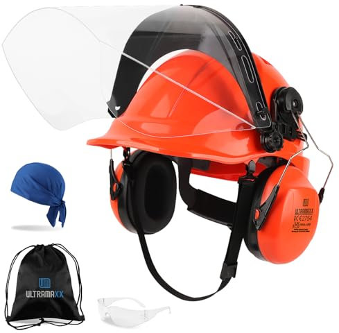 UM ULTRAMAXX 6-in-1 Chainsaw Helmet with Polycarbonate Clear Visor and Ear Muffs, Forestry Safety Hard Hat Kits, ANSI Z89.1 Approved Certified Arborist Helmet, Orange