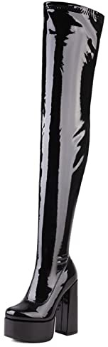 Gicoiz Femme Bout Rond Cuir Verni Talons Chunky Bottes Extensibles