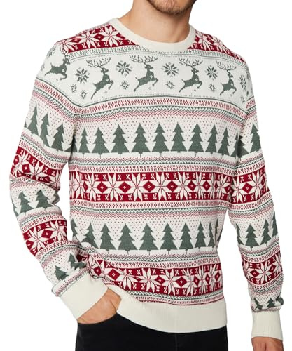 NOROZE Men's Christmas Prancing Reindeer Fairisle Crew Neck Xmas Jumper Cream