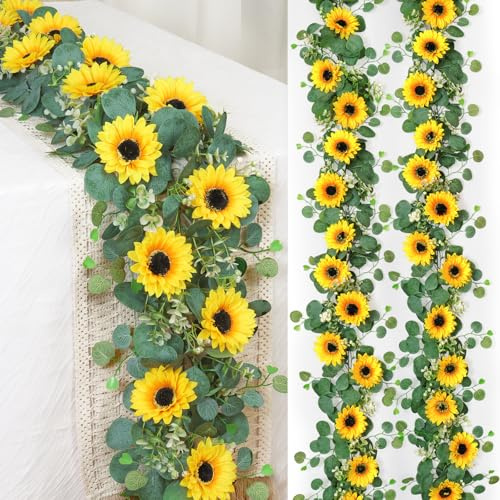 DEMIUKO 4PCS Artificial Sunflower Garland Fake Flowers Hanging Autumn Decor | Artificial Yellow Flower Vine, Eucalyptus Leaves Garland, Wedding Home Door Balcony Fence Garden Decor, for DIY Autumn Wreath