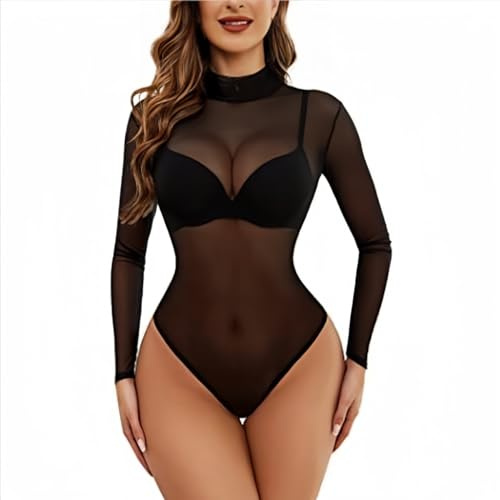 SamHeng Women Bodysuit Long Sleeve Sheer Mesh Body Suit Turtle Neck Black See Through Slim Fit Sexy Jumpsuit Leotard Top Clubwear, M