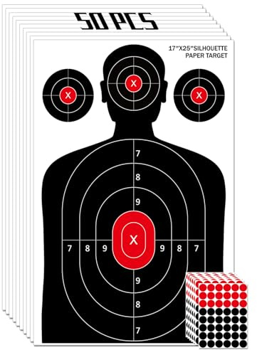 LAKINGO 50 Pack Paper Shooting Targets for Range, 17x25 Inch Silhouette Targets for Indoor/Outdoor Shooting with 480 Stickers, Compatible with Pistol, Rifles, air Gun, and BB Gun Practice