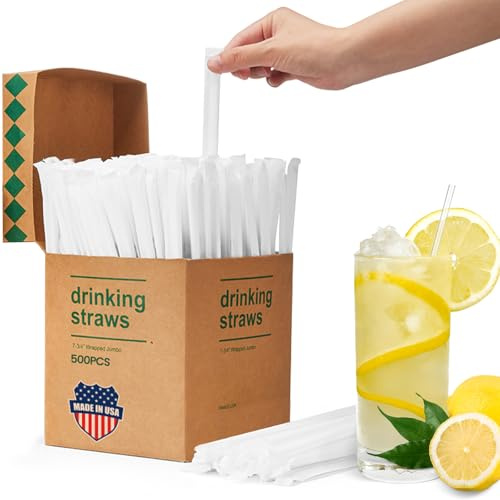 Plastic Straws [500 Pcs-7.8 Long] Individually Wrapped Clear Disposable Drinking Straws - Made in USA - Straight Long Straws for Party, 0.23'' Diameter