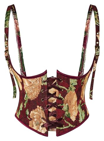 Scarlet Darkness Renaissance Corset for Women Floral Underbust Boned Lace Up Waist Belt Red 6