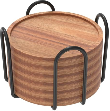 Harupink Posavasos redondos de madera natural, juego de 6 posavasos de 10 cm con soporte, antideslizantes, tapas de cerveza, posavasos de cristal para bebidas, hogar, restaurante, oficina y bar (6