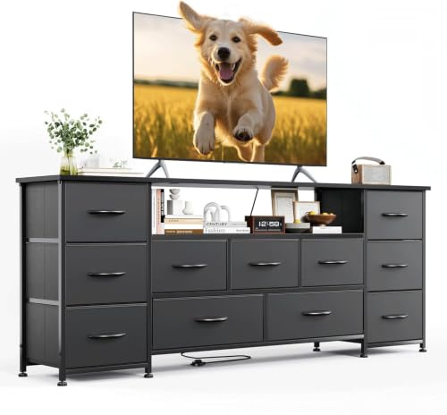 VERMESS 63 Tv Cabinet, Dresser for Bedroom with 11 Fabric Drawers, TV Stand with Power Socket for TVs up to 70, TV Units for Living Room, Bedroom, Black