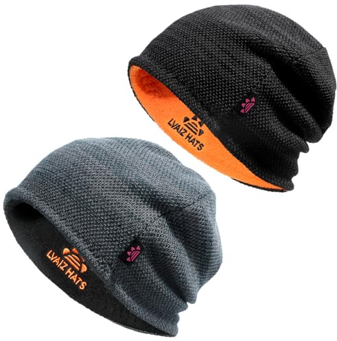 Lvaiz 2 Pack Winter Fleece Lined Mens Beanie Hat Reversible Knit Skull Cap for Men Women Warm Windproof Hat for Outdoor
