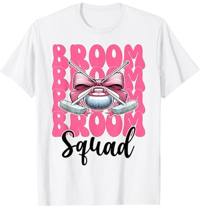Broom Squad Curling Stone Player Girl Mom Coquette Bow T-Shirt