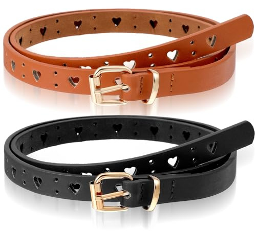 Teaaha 2 Pcs Kids Leather Girls Belt with Heart Buckle, Adjustable Elastic Belts for Boys and Girls, Stretch Belt for Jeans and Dresses
