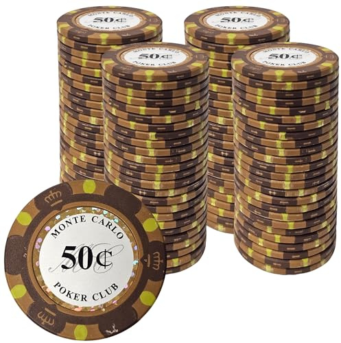 Gamers Lounge Monte Carlo 14-Gram Clay Poker Chips (100-Pack) – Premium Heavyweight Casino-Grade Set for Texas Hold’em, Blackjack & Home Games ($0.50 Brown)