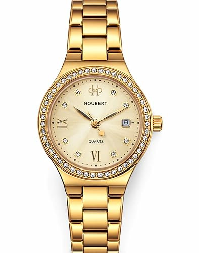 HOUBERT Montre Femme Quartz – Marque Française – Design Élégant en Acier Inoxydable Argenté ou Doré – Cadran Cristaux & Date – Étanche 3ATM – Coffret Cadeau de Luxe (Dorée)