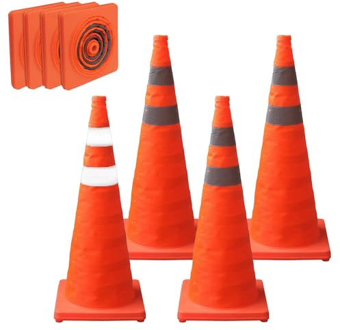 BRGD 4 Pack Pieghevole Arancione Coni di Sicurezza, 70cm Coni di Parcheggio Stradali Pop-up con Collare Riflettente per Cantieri Edili, Parcheggi e Segnaletica Sportiva