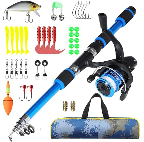 NAVESO Kit De Canna Da Pesca per Bambini, 1,8 M Telescopica Canna Da Pesca Bambino con Mulinello Pincast Set E Accessori Da Pesca, Esche, Filo, Ami E Borsa,Canne Da Pesca Per Ragazzi, Principianti