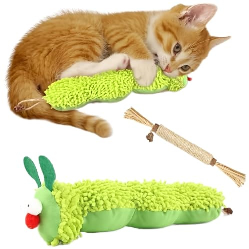 HUZNA Gioco per Gatti a Forma di Bruco con Bastoncino di Matatabi Naturale, Giocattolo Interattivo in Peluche per Masticare e Graffiare, Set Stimolante per l'Istinto Felino e la Pulizia dei Denti