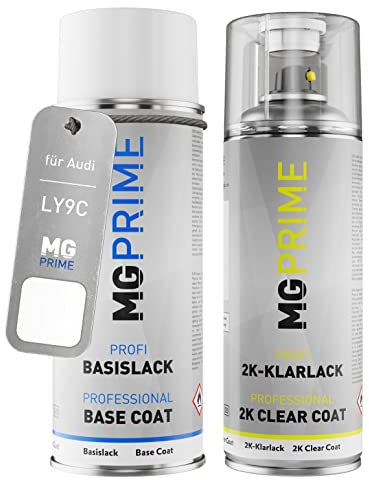 MG PRIME Vernice per auto Kit bombolette spray 2K per Audi LY9C / Y9C / T9 Ibisweiss/Ibis White Bomboletta a spruzzo vernice di base 2 componenti vernice trasparente