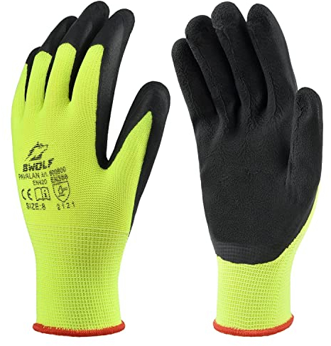 BWOLF PAVALAN Lot de 12 paires de gants de travail pour homme et femme, gants de mécanicien, gants de montage avec revêtement en latex robuste (8, 10)