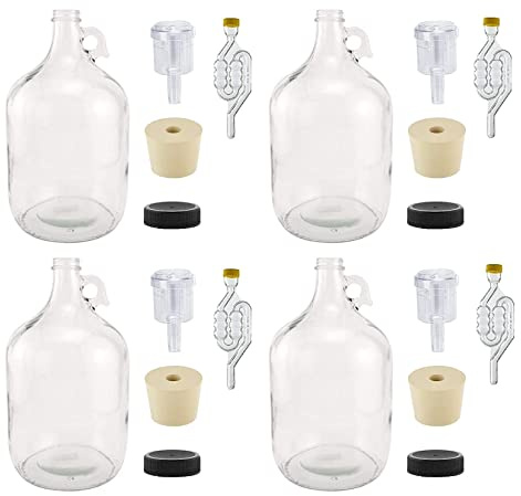 North Mountain Supply Brocca per fermentazione in vetro da 1 gallone con manico, tappo in gomma 6,5, Airlock a 6 bolle, 2 pezzi e coperchio in plastica nera - Set di 4