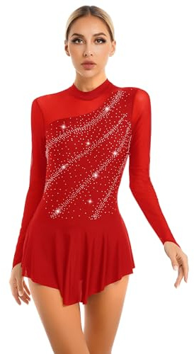 Freebily Konståkning Klänning Kvinnor Paljetter Leotards Klassisk Dansklänning Långärmad Balett Bodysuit Ballerina Danskostymer Samba Rumba Jazz Danskläder, Röd B, M