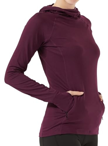 HDTIYUYP Maglia da corsa da donna a maniche lunghe, termica, con cappuccio e tasca con cerniera, per fitness, UV, escursionismo, sport all'aria aperta, con foro per il pollice, Viola, S