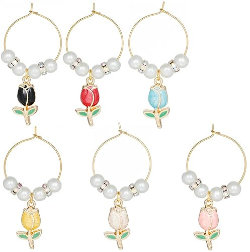 SUNNYCLUE 12pcs Tulip Flower Wine Glass Charms, Multi-Colored, Spring Floral Design, Brass Hoops, Enamel & Alloy Charms, Party Favors, Wine Glass Markers