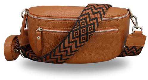 Brise Art Bauchtasche Damen Echtes Leder Lucia Handgemachte Umhängetasche Crossbody Bag mit Ledergurt + Optionalen Breiten Gemusterten Riemen 3 Fächer Stylische Hüfttasche Made in Italy (C.Braun-2)