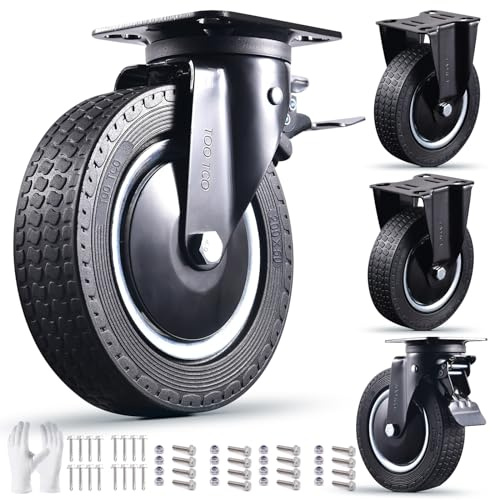 Rigid 8 Inch Caster Wheels Set of 4 Heavy Duty Industrial Swivel Locking Casters 3200 Lbs Load Capacity, Fixed Black Rubber Wheels for Cart, Furniture, Workbench - Bolts & Screws Included…