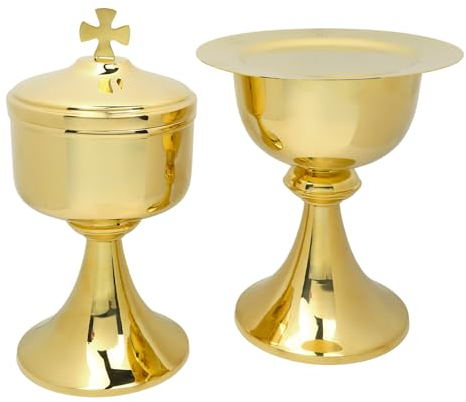 Needzo High Polished Brass Chalice and Ciborium Set, Traditional Catholic Church Supplies, 7 x 4.5” with 6.25 Inch Diameter Paten