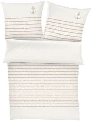 Zeitgeist Cuxhaven Bettwäsche 135x200 cm - 100% Baumwolle, Reißverschluss, 2 TLG Bettwäsche Set Maritim Anker weiß beige