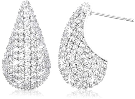 SWEETV Silver Chunky Hoop Earrings for Women, Cubic Zirconia Teardrop Chunky Silver Hoop Earrings Trendy, Silver Stud Statement Earrings Jewelry