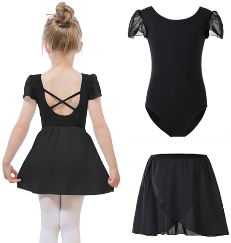 Bezioner Maillot Ballet Niña con Falda Removible Maillots de Danza Vestido Baile Niña Manga de Soplo Negro 140 (10-12 años,140-150 cm)