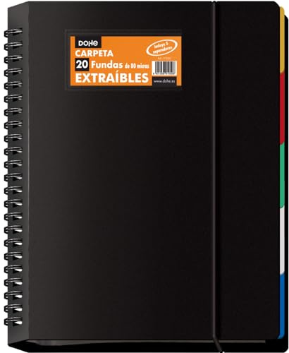 Dohe - Cartella con 20 buste rimovibili - A4 (25 x 31 cm), anelli a disco, 5 divisori colorati, chiusura in gomma elastica - materiali per ufficio e scuola