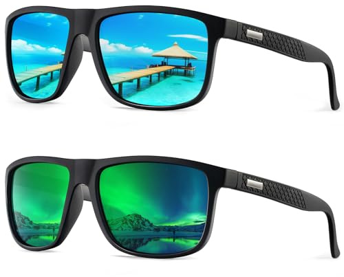 HENGOSEN Lot de 2 paires de lunettes de soleil polarisées pour homme avec protection UV, Bleu glace 03+ vert 05, M