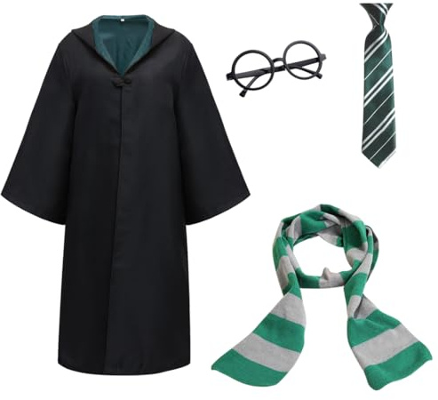 Capaneus Zauberer Kostüm Kinder, Magier Robe, Zauberer Umhang Kostüm set für Kinder Erwachsene, mit Krawatte, Schal und Brillen, Unisex Uniform College Kostüm für Karneval, Halloween