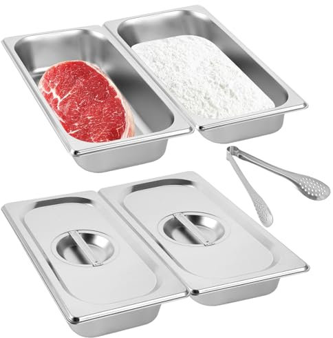 VIDETOL 4 Pièces Bac Inox Alimentaire, 32.5x17.5x6.5CM Récipients en Acier Inoxydable, Bols à paner GN avec Couvercle, Plats à Four pour Escalopes, Saladette, Viande, Poisson