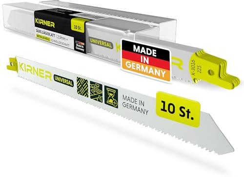 KIRNER Säbelsägeblätter Metall & Holz 225mm [ müheloser Schnitt in Holz & Metall & Edelstahl ] 10er Pack Universal Säbelsägeblätter Metall, Reciprosägeblätter Universalaufnahme ab 2,5mm Schnitttiefe
