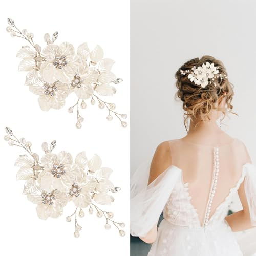 2 piezas de accesorios para el cabello de boda para mujer, accesorios para el cabello de novia con flores y perlas, tocado de novia para novias, damas de honor, mujeres y niñas (dorado)