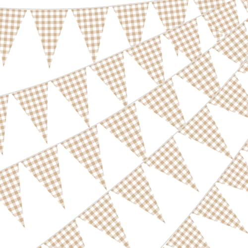 Gilprop 49.2 Ft / 60 Pieces Light Brown Plaid Party Decorations Pennant Banner Triangle Flags Garland Bunting Banner for Birthday Gender Reveal Wedding Baby Shower Decor Supplies