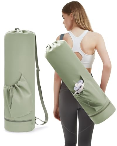 Yogatasche mit Nassfach und Flaschentasche Sporttasche Damen Verstellbarer Schultergurt Gym Yoga Tasche für Pilates Yogamatten & Yoga-Zubehör, Grün(Patent Angemeldet)