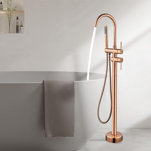 Grifo Bañera de Pie Oro Rosa Dos Mandos Grifos Duchas de Baño con Alcachofa Rotación de 360°
