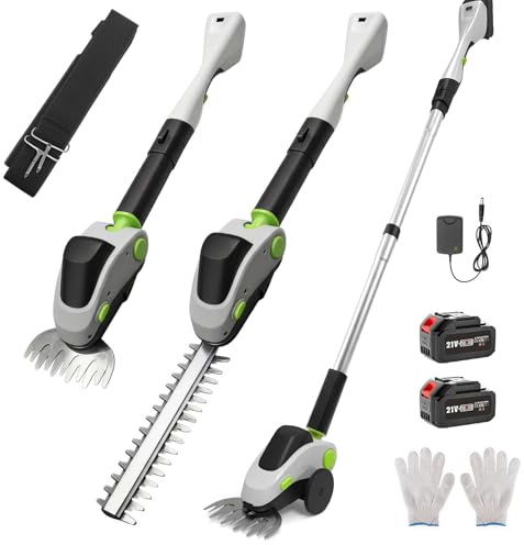 HumiLuft Akku Heckenschere mit Teleskopstiel und Rollen, 4-in-1 Elektro-Teleskop-Astschere & Grasschere mit Leistungsdisplay und 2x21V Akkus, Aluminiumlegierung, Max 1,73m, 110° Verstellbarer Kopf