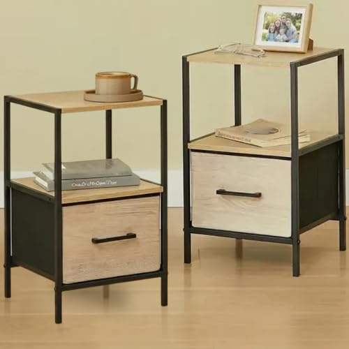CASABEL Lot de 2 Tables de Chevet avec tiroir en Tissu renforcé Effet Bois, Bois et Cadre métal Noir, 30×30×50cm, Tables de Nuit pour Chambre ou Table d’appoint de canapé Pratiques et compactes