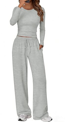 BEWECASU Women 2Pcs Lounge Set Long Sleeve Top Tracksuits Wide Leg Drawstring Pants Set with Pockets(Oatmeal Grey,S)