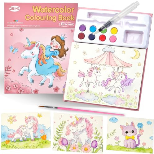Gudotra Livre de Coloriage avec Aquarelle pour Enfants Kit de Peinture Aquarelle à l'Eau 3 en 1 pour Tout-Petits de 3 à 8 Ans Jouet Éducatif Cadeau d'Anniversaire pour Enfants Cadeau Fille (Rouge)