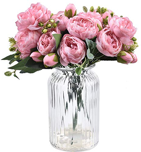 XONOR 4 Bouquets de Fleurs artificielles en Soie Pivoine Artificielle Fausse Fleur glorieuse pour la décoration de Maison Nuptiale de Noce, 5 fourchettes, 9 têtes (Rose)