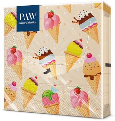 PAW – servetter 3 lager (33 x 33 cm) I 20 stycken I perfekt för fester, födelsedagar, fester I barnkalas bordsdekoration – färgglada pappersservetter med motiv – glass I glass Cream | Tre lager, absorberande och stark, rolig dekor för barnfirande, gör varje barns födelsedag ljusare