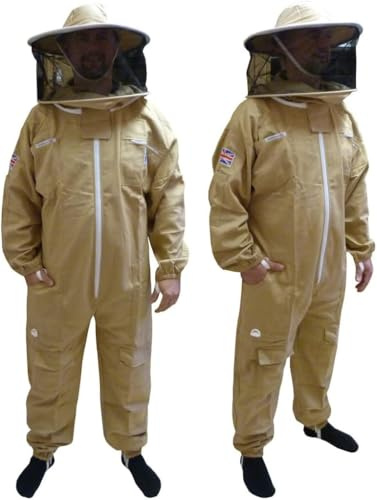 AGS Traje de apicultura de algodón con sombrero redondo, ropa protectora de color oliva para apicultores, traje profesional tradicional de apicultura (XL)