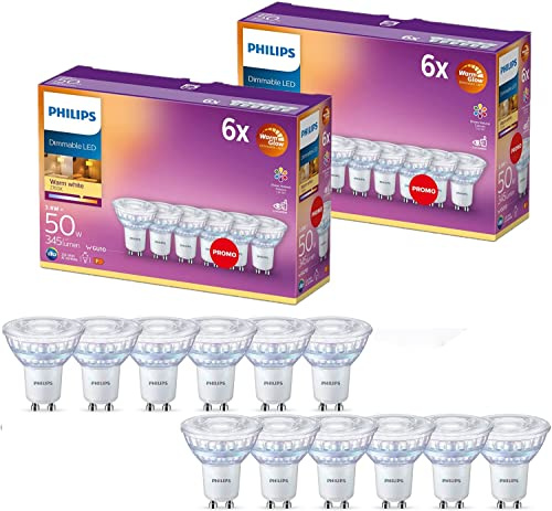 Philips ampoule LED Spot GU10 50W Blanc Chaud Compatible Variateur, Verre, Lot de 6 (pack of 2)