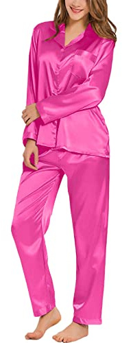 SWOMOG Long Sleeve pyjamas Set Silk Satin Sleepwear Button Down Pjs Loungewear with Pocket Rose Red Large