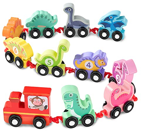 Wisplye Treno Giochi Legno Bambino 1 2 Anno, Giochi Montessori Trenino di Numero 1-10, Blocco Prescolare Gioco Dinosauro Educativi per Ragazzi Ragazze Compleanno Natale Regalo