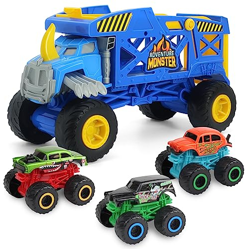 KARMOUNT Monster Trucks Monster Mover Rhino Toy Car Hauler, Monster Carrier Truck with 3 Mini Diecast Monster Trucks, Transport Car Toys with Super Ramp Lauch, Gift for Kids 3 Years & Up